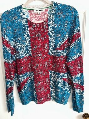 Boden Red, Blue and White Floral-Print Long Sleeve Sweater. Floral Union Jack